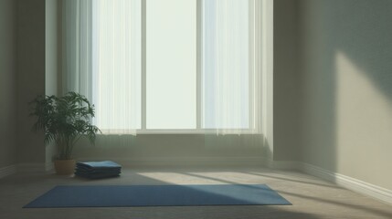 Fototapeta premium Yoga Mat In Serene Room With Large Window And Potted Plant. Tranquil Space For Meditation And Relaxation