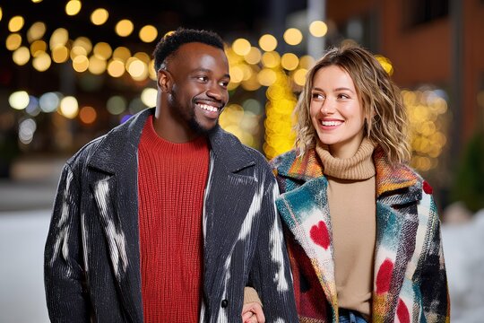 A diverse couple, bundled in cozy winter coats, shares a joyful walk under a canopy of glittering festive lights, enjoy a romantic evening in a sparkling winter wonderland. - Powered by Adobe