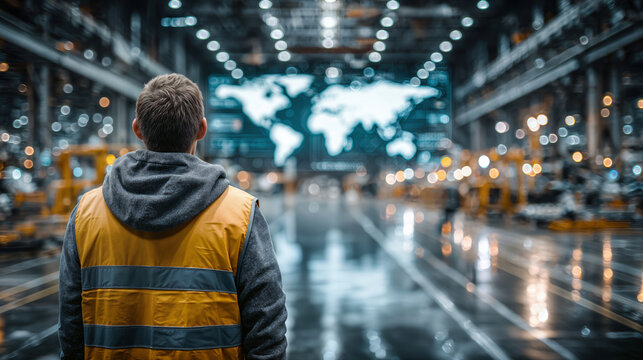 Engineer wearing safety vest in modern logistics warehouse analyzing digital holographic world map with supply chain routes and aerospace inventory data