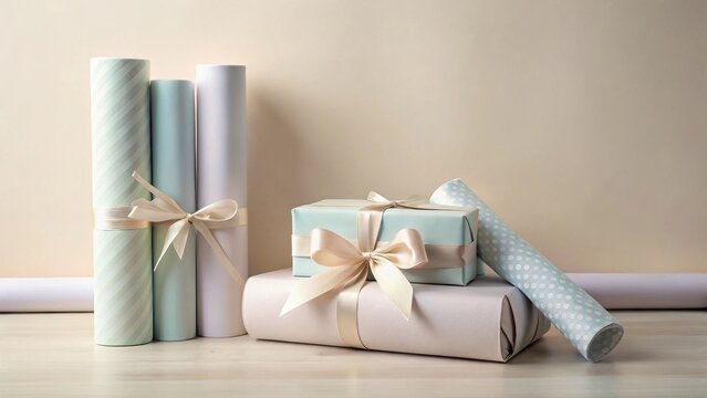 Pastel-colored presents elegantly arranged with ribbon bows and wrapping paper rolls on a light wood surface against a neutral background
