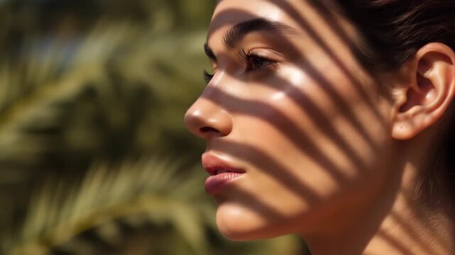Profile of a woman bathed in striped light, shadow patterns across her features, background foliage