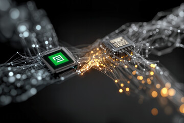 Abstract digital connection between microchips through glowing neural network lines with green confirmation icon representing AI talent acquisition match technology concept