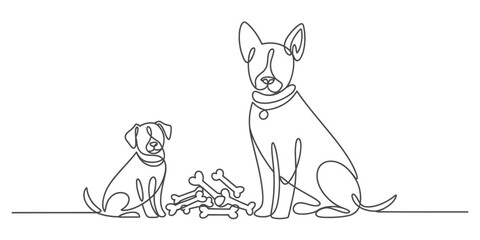 Continuous one line drawing of two dogs, an adult and a puppy, sitting together with a pile of bones. minimalist pet illustration. Vector, illustration