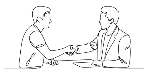 Continuous line drawing of two professional business partners shaking hands, symbolizing successful agreement, partnership, collaboration, and deal completion. Vector, illustration
