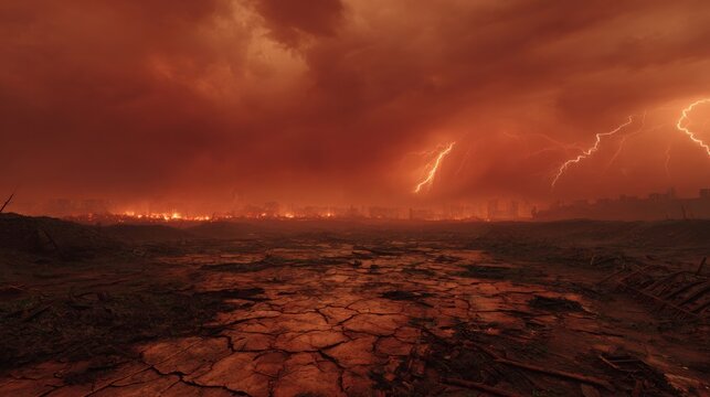 Apocalyptic Landscape With Cracked Earth And Lightning In Fiery Sky. Depicts Destruction And Chaos