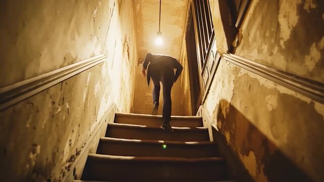 Man ascending dark, narrow, and ancient stone staircase with a single light bulb illuminating the path ahead, creating a mysterious and historical atmosphere.