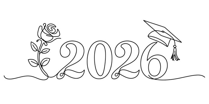 Graduation year 2026 elegant single line art drawing with a blooming rose and academic cap representing achievement and future studies Vector, illustration