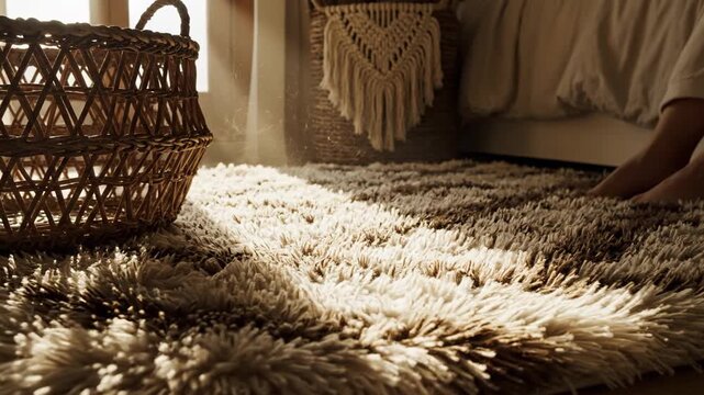Sunlight Dazzles Over Texturized Rug and Woven Basket in Bohemian Style Room