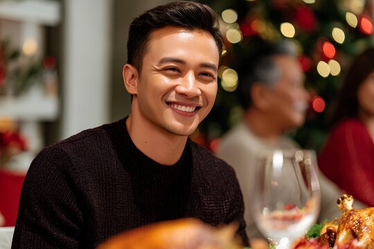 Asian man smiling joyfully at a festive gathering, surrounded by friends, capturing the essence of celebration and togetherness.