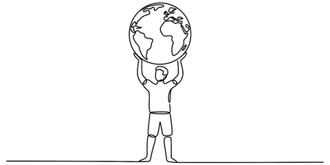 Minimalist continuous line drawing of a person lifting the earth globe, symbolizing global responsibility, environmental care and future. Vector, illustration