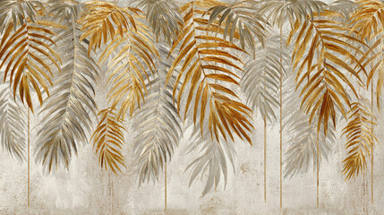  A luxurious, stylized image of various hanging palm and fern leaves in metallic gold, silver, and muted beige tones against a textured background.
