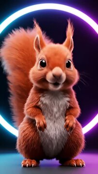 Highly realistic 3D animated cute squirrel mascot smiling in front of a colorful glowing neon ring light, ideal for social media shorts. Vertical. Video. Portrait Orientation.