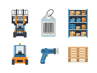 Fototapeta premium Warehouse Equipment - Forklifts, Barcode Tag, Shelves, Scanner, and Pallet.