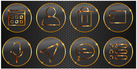 Basic Glass UI Icon Set in Gold Gradient on Dark Background &mdash; Modern Premium Interface Elements, gold symbol, PNG format
