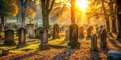 Golden Hour Serenity in a Tranquil Cemetery Rows of weathered headstones bathed in the warm glow of a setting sun, casting long shadows across the peaceful autumnal grounds.