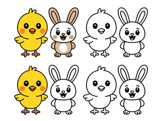 Fototapeta premium Cute cartoon chicks and bunnies are displayed in a fun and playful arrangement, perfect for Easter or spring themes.