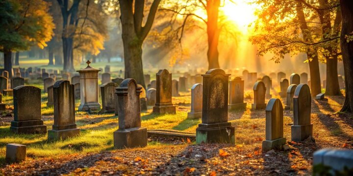 Golden Hour Serenity in a Tranquil Cemetery Rows of weathered headstones bathed in the warm glow of a setting sun, casting long shadows across the peaceful autumnal grounds.