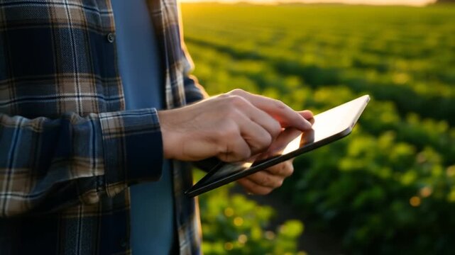 Person in a plaid shirt uses a smartphone, standing in a sunlit green crops field with distant rows