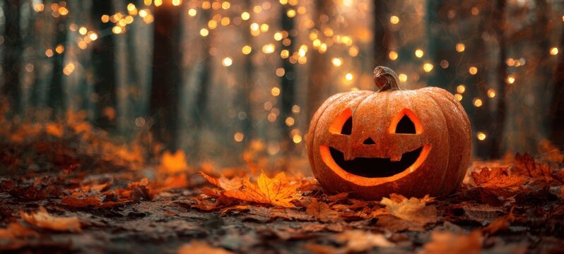The Jack-o'-Lantern Glowing on an Autumn Forest Floor with Twinkling Fairy Lights - Powered by Adobe