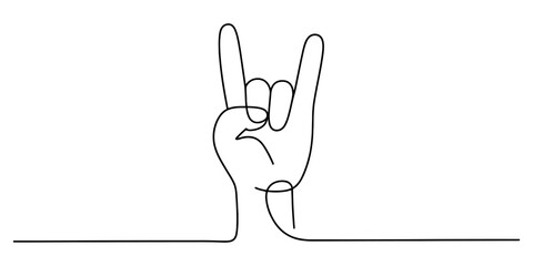 Rock and roll hand gesture continuous line art drawing with a single flowing black line forming the iconic symbol of music and rebellion Vector, illustration