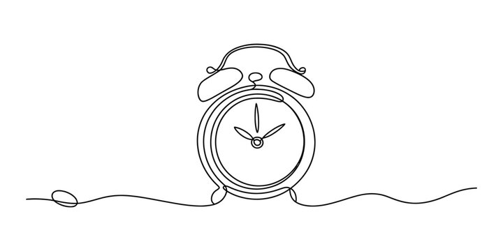 Minimalist one continuous line art drawing of an alarm clock, symbolizing time management, punctuality, wake-up, deadline, and urgency concept Vector, illustration