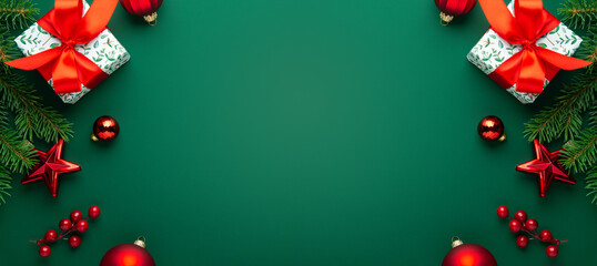 Merry Christmas and Happy Holidays greeting card, frame, border. New Year. Red Christmas ornaments...