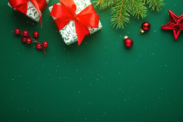 Merry Christmas and Happy Holidays greeting card, frame, border. New Year. Red Christmas ornaments...