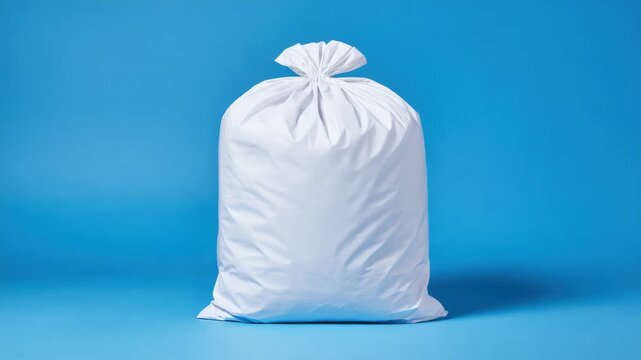 Symmetrical Studio Shot of Full White Plastic Sack on a Bright Blue Backdrop with Even Lighting and Minimalist Aesthetic with Negative Space for Text Overlay
