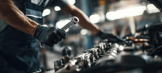 The Engine Being Repaired by a Gloved Technician in a Professional Automotive Garage