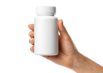 hand holding blank white plastic pill bottle isolated on a transparent background.