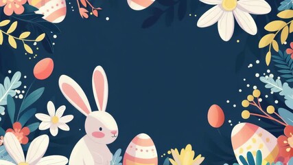 An d scene featuring a cute bunny sitting next to a colorful egg with flowers and leaves in the background on a dark blue background. Great for festive celebrations or children's materials.