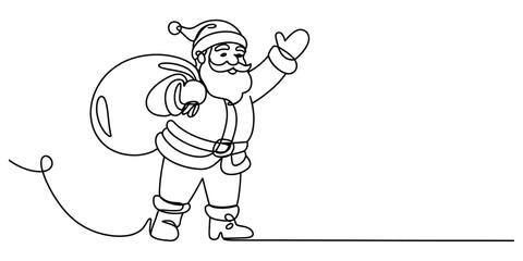 Continuous line art drawing of happy santa claus carrying a sack full of gifts and waving hand. christmas holiday celebration concept, isolated on white Vector, illustration