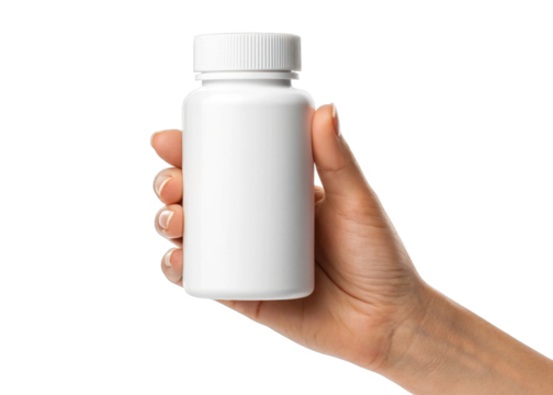 hand holding blank white plastic pill bottle isolated on a transparent background.
