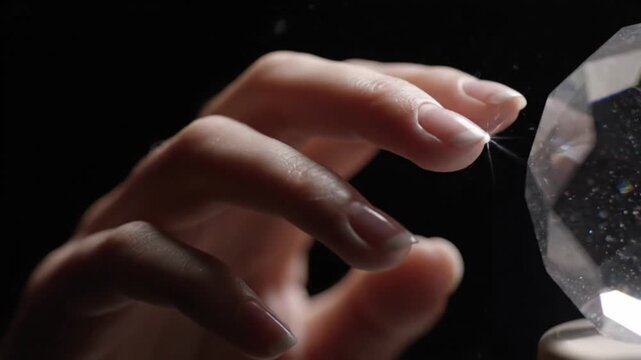 A close-up of a hand gently reaching towards a large, sparkling diamond or crystal under dramatic lighting against a black background. A brilliant point of light flares where the finger almost touche