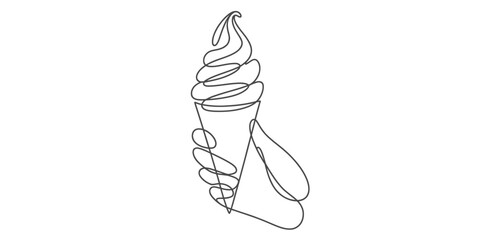 Continuous line art drawing of a human hand holding a delicious soft-serve ice cream cone, a sweet summer dessert or treat. Vector, illustration