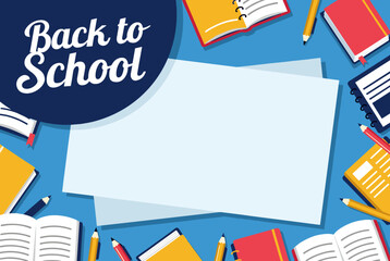 Obraz premium Bright back to school background showing open books and pencils on blue backdrop. Perfect for education promotion or learning poster design. 