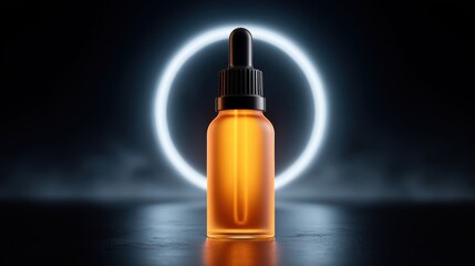 Fototapeta premium A glowing amber dropper bottle standing in front of a bright neon ring on a dark, futuristic background, creating a bold product showcase.
