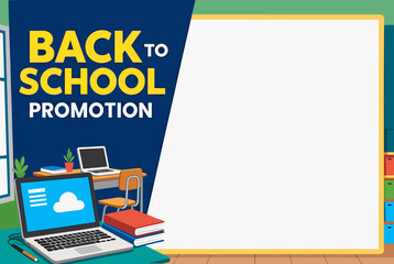 Modern back to school promotion banner showing laptop, books, and classroom background. Great for education marketing or advertisement template.  
