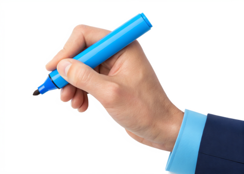hand holding blue highlighter isolated on a transparent background.
