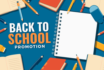 Colorful back to school promotion banner with spiral notebook, pencils, and supplies on blue background. Perfect for education or sale advertisement design.  
