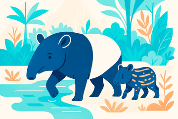 Obraz premium Colorful stylized illustration of a tapir and its baby walking near a water stream in a lush tropical forest background with abstract foliage shapes. Ai generative