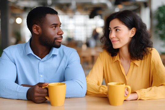 African American man and Asian woman sitting at a table in a cozy cafe, enjoying coffee and engaging in conversation, creating a warm and inviting atmosphere