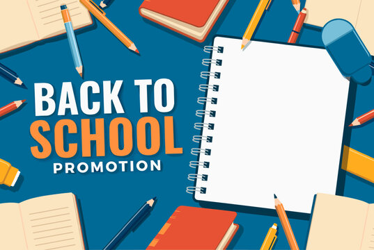 Colorful back to school promotion banner with spiral notebook, pencils, and supplies on blue background. Perfect for education or sale advertisement design.  
 - Powered by Adobe