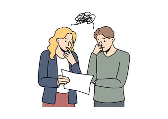 Confused People Reading a Document with Worry and Doubt