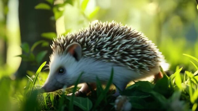 A cute hedgehog peeking from leaves and grass.