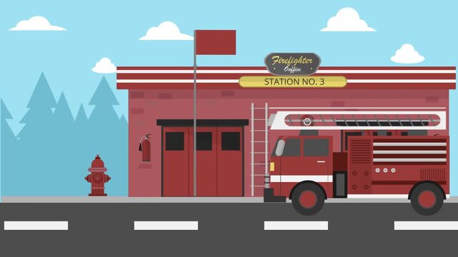 Firefighter Office & Vehicle Animation | 2D Fire Station Scene | Cartoon Emergency Services Background Clip