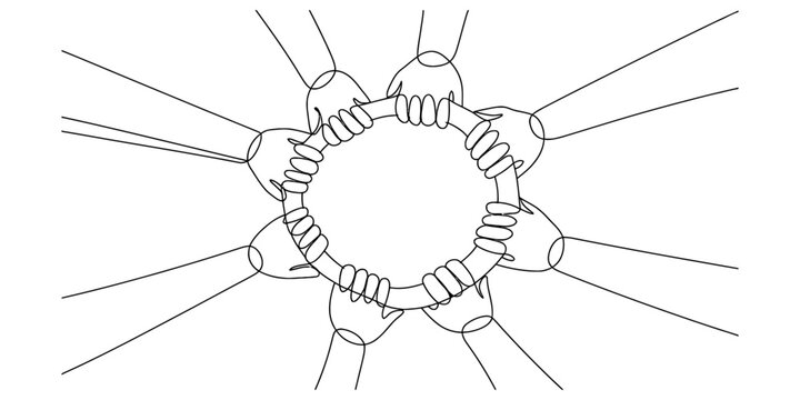 Continuous line art drawing of diverse human hands forming a united circle, symbolizing global teamwork, strong unity, and collective collaboration. Vector, illustration