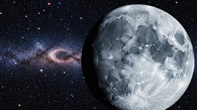 Bright full moon in starry night sky with nebula and clouds