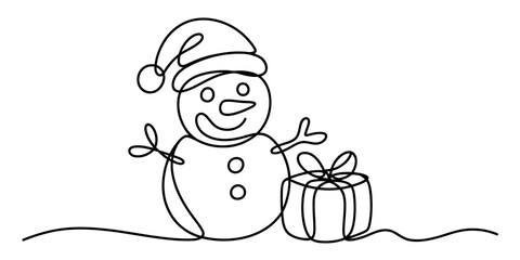 Continuous one line drawing of a festive snowman wearing a hat next to a wrapped gift box, symbolizing winter holidays and celebration. Vector, illustration