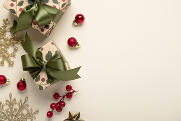 Merry Christmas and Happy Holidays greeting card, frame, banner, border. New Year. Christmas red ornaments and gifts, presents on light beige background top view. Winter xmas holiday festive theme.